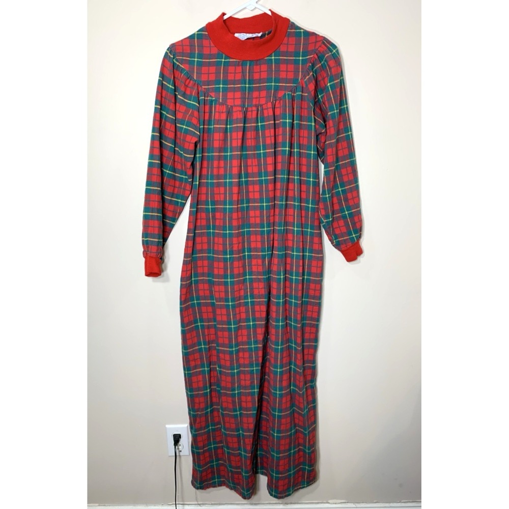Lanz of Salzburg Plaid Flannel Nightgown Womens Small Red Green Popover Vintage